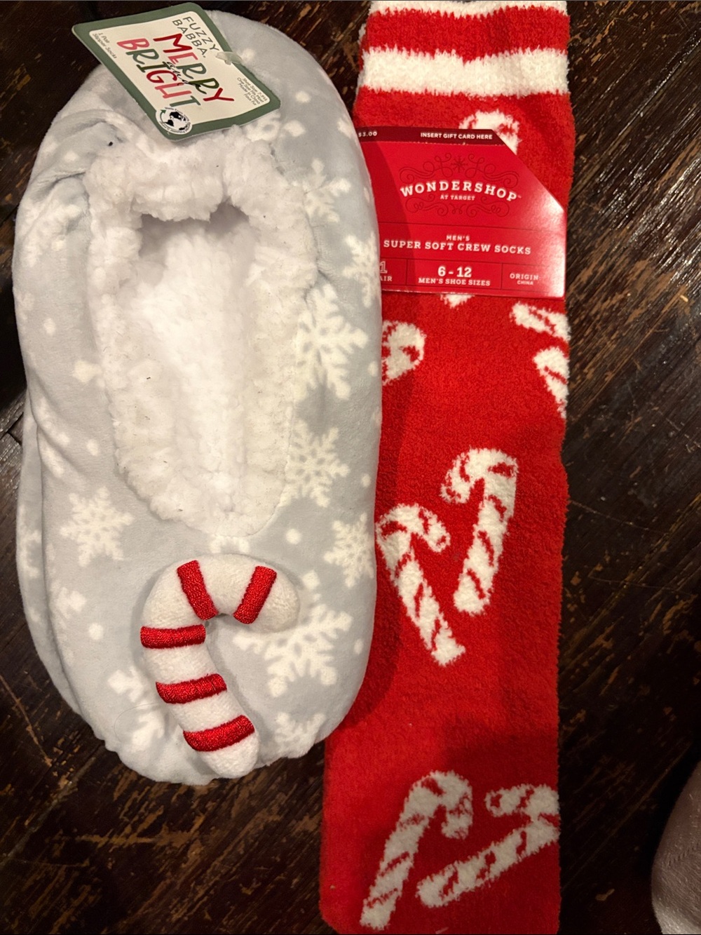 Wondershop Candy Cane crew Slipper Socks and gray and white slipper socks